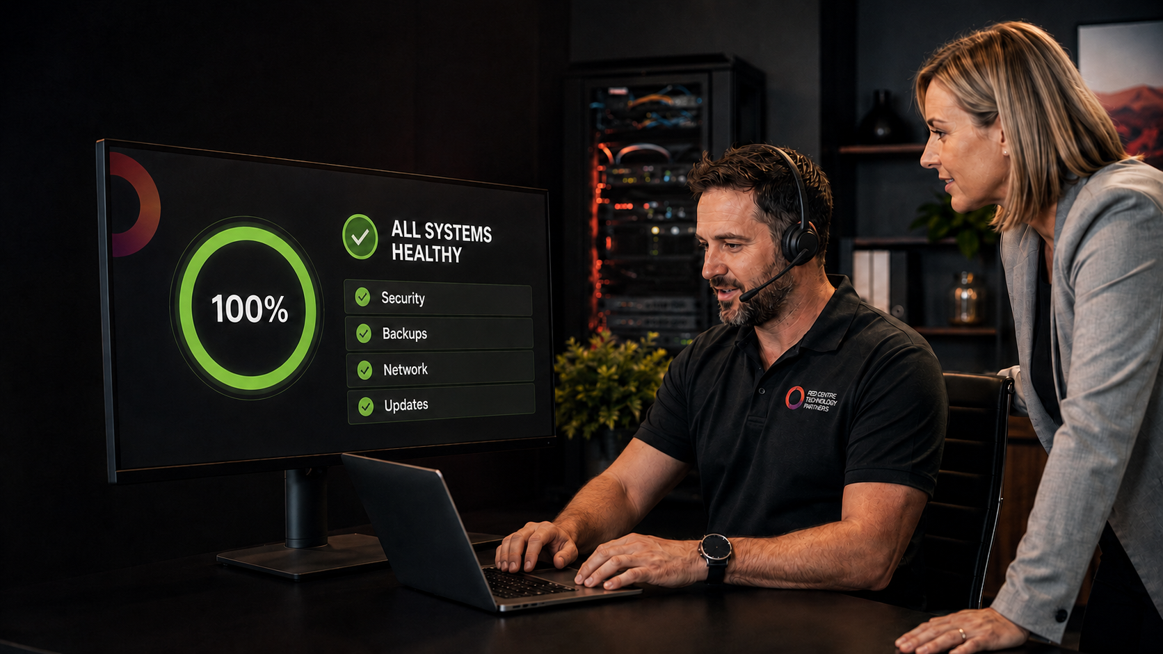 IT consultant reviewing a business technology health dashboard